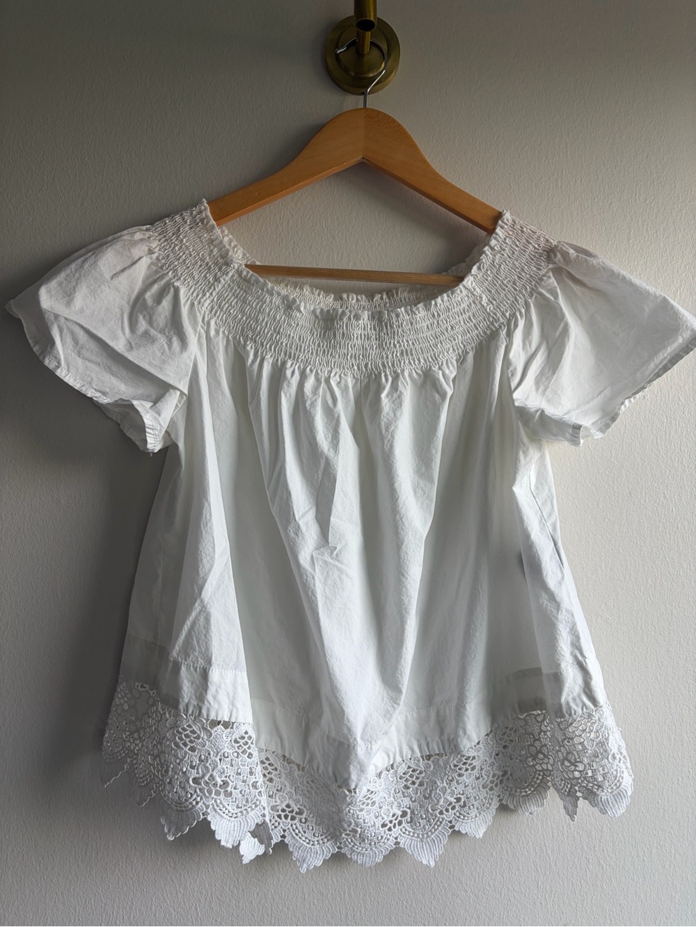 Who What Wear White Off-Shoulder Smocked Top with Crochet Hem
